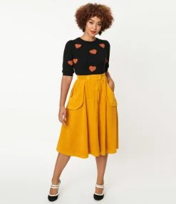 Sale Hell Bunny Mustard Corduroy Jeanette Swing Skirt