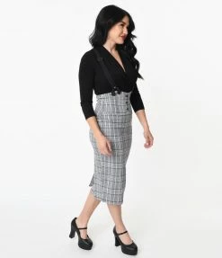 Unique Vintage Light Blue Glen Plaid Beatrice Suspender Wiggle Skirt