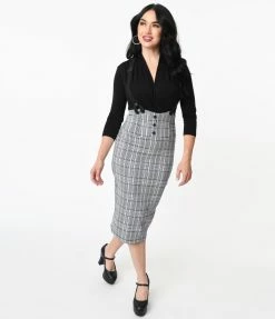 Unique Vintage Light Blue Glen Plaid Beatrice Suspender Wiggle Skirt