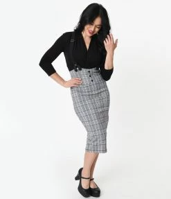 Unique Vintage Light Blue Glen Plaid Beatrice Suspender Wiggle Skirt