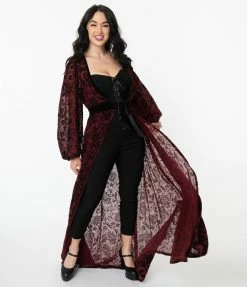 Clothing Unique Vintage Burgundy Deco Devore Velvet Hollywood Duster