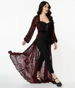 Clothing Unique Vintage Burgundy Deco Devore Velvet Hollywood Duster