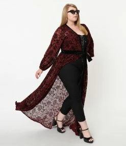 Clothing Unique Vintage Plus Size Burgundy Deco Devore Velvet Hollywood Duster