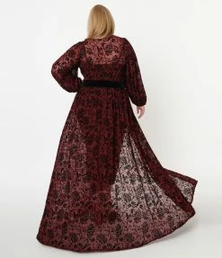 Clothing Unique Vintage Plus Size Burgundy Deco Devore Velvet Hollywood Duster
