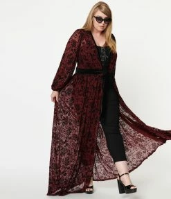 Clothing Unique Vintage Plus Size Burgundy Deco Devore Velvet Hollywood Duster