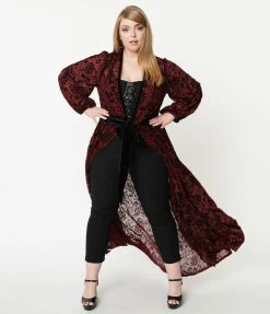 Clothing Unique Vintage Plus Size Burgundy Deco Devore Velvet Hollywood Duster