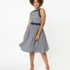 Unique Vintage Navy Gingham & Cherry Print Maxine Swing Dress