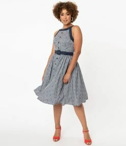 Unique Vintage Navy Gingham & Cherry Print Maxine Swing Dress