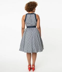 Unique Vintage Navy Gingham & Cherry Print Maxine Swing Dress
