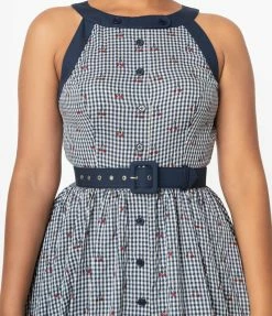 Unique Vintage Navy Gingham & Cherry Print Maxine Swing Dress