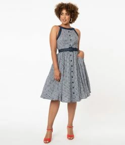Unique Vintage Navy Gingham & Cherry Print Maxine Swing Dress