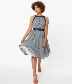 Unique Vintage Navy Gingham & Cherry Print Maxine Swing Dress