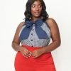 Sale Unique Vintage Plus Size Navy Gingham & Cherry Print Paulson Top