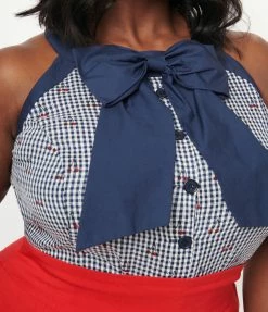 Sale Unique Vintage Plus Size Navy Gingham & Cherry Print Paulson Top
