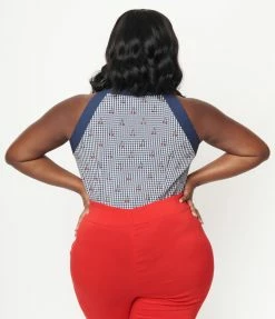 Sale Unique Vintage Plus Size Navy Gingham & Cherry Print Paulson Top