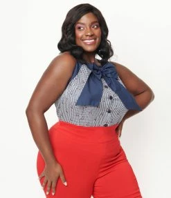 Sale Unique Vintage Plus Size Navy Gingham & Cherry Print Paulson Top
