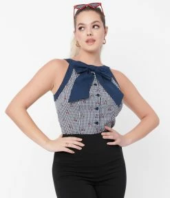 Sale Unique Vintage Navy Gingham & Cherry Print Paulson Top
