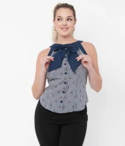 Sale Unique Vintage Navy Gingham & Cherry Print Paulson Top