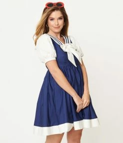 Sale Unique Vintage Navy & White Sailor Darla Babydoll Dress