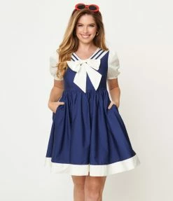 Sale Unique Vintage Navy & White Sailor Darla Babydoll Dress