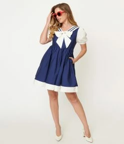 Sale Unique Vintage Navy & White Sailor Darla Babydoll Dress