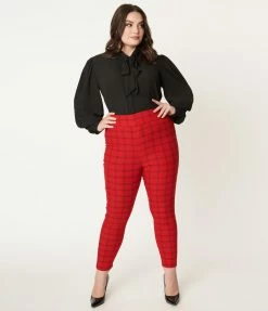 Unique Vintage Plus Size Red Windowpane Plaid Rizzo Cigarette Pants