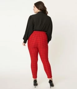 Unique Vintage Plus Size Red Windowpane Plaid Rizzo Cigarette Pants