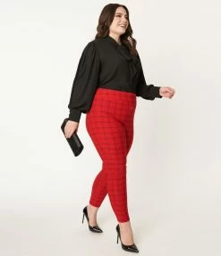 Unique Vintage Plus Size Red Windowpane Plaid Rizzo Cigarette Pants