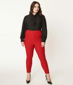 Unique Vintage Plus Size Red Windowpane Plaid Rizzo Cigarette Pants