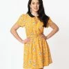 Unique Vintage Yellow & White Floral Print Isla Flare Dress