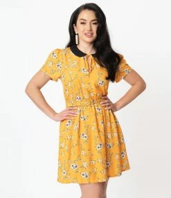Unique Vintage Yellow & White Floral Print Isla Flare Dress