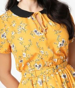 Unique Vintage Yellow & White Floral Print Isla Flare Dress