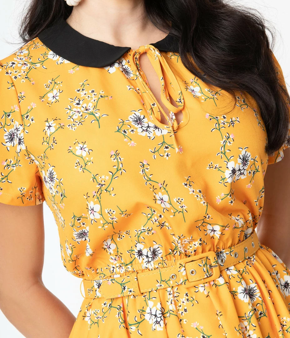 Unique Vintage Yellow & White Floral Print Isla Flare Dress