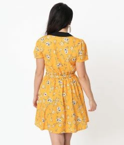 Unique Vintage Yellow & White Floral Print Isla Flare Dress