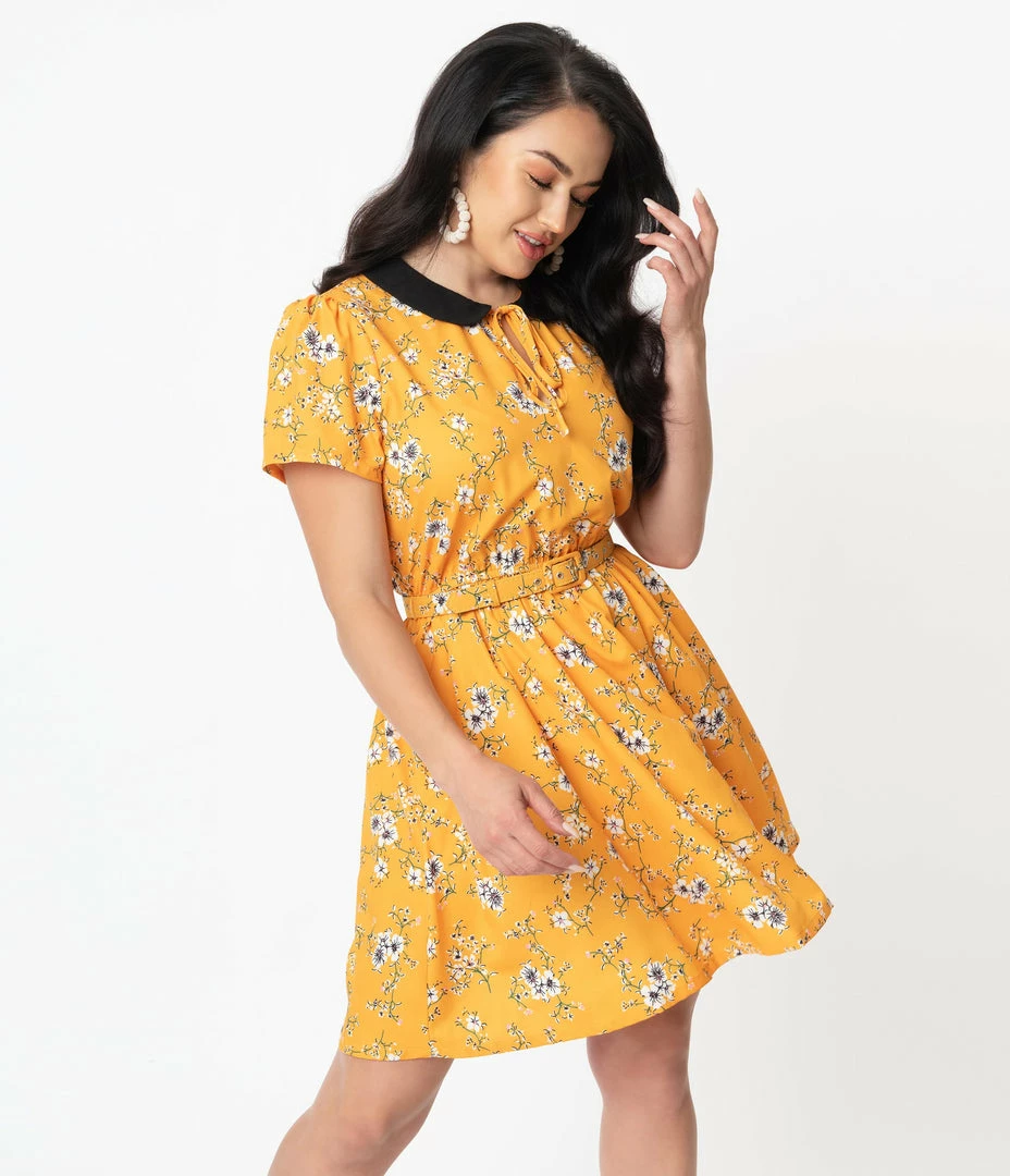 Unique Vintage Yellow & White Floral Print Isla Flare Dress