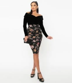 Sale Unique Vintage Black & Pink Floral Veronica Pencil Skirt