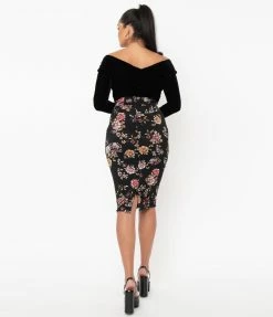 Sale Unique Vintage Black & Pink Floral Veronica Pencil Skirt