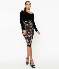 Sale Unique Vintage Black & Pink Floral Veronica Pencil Skirt