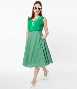 Tulip.B Vintage Style Green Dotted & Red Floral Swing Skirt Sale