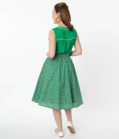 Tulip.B Vintage Style Green Dotted & Red Floral Swing Skirt Sale