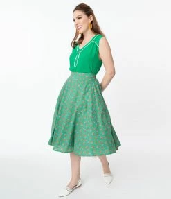 Tulip.B Vintage Style Green Dotted & Red Floral Swing Skirt Sale