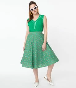 Tulip.B Vintage Style Green Dotted & Red Floral Swing Skirt Sale