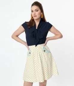 Tulip.B Retro Ivory Swiss Dot & Mustard Polka Dot Flare Skirt