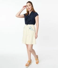 Tulip.B Retro Ivory Swiss Dot & Mustard Polka Dot Flare Skirt