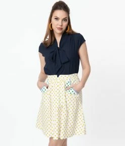 Tulip.B Retro Ivory Swiss Dot & Mustard Polka Dot Flare Skirt