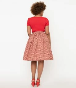 Unique Vintage Red Plaid & Hearts Gellar Swing Skirt