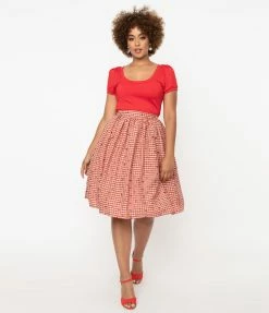 Unique Vintage Red Plaid & Hearts Gellar Swing Skirt