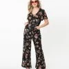 Sale Unique Vintage Black & Pink Floral Heddy Jumpsuit