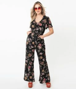 Sale Unique Vintage Black & Pink Floral Heddy Jumpsuit
