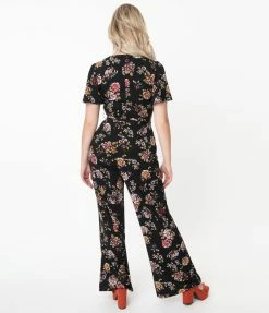 Sale Unique Vintage Black & Pink Floral Heddy Jumpsuit